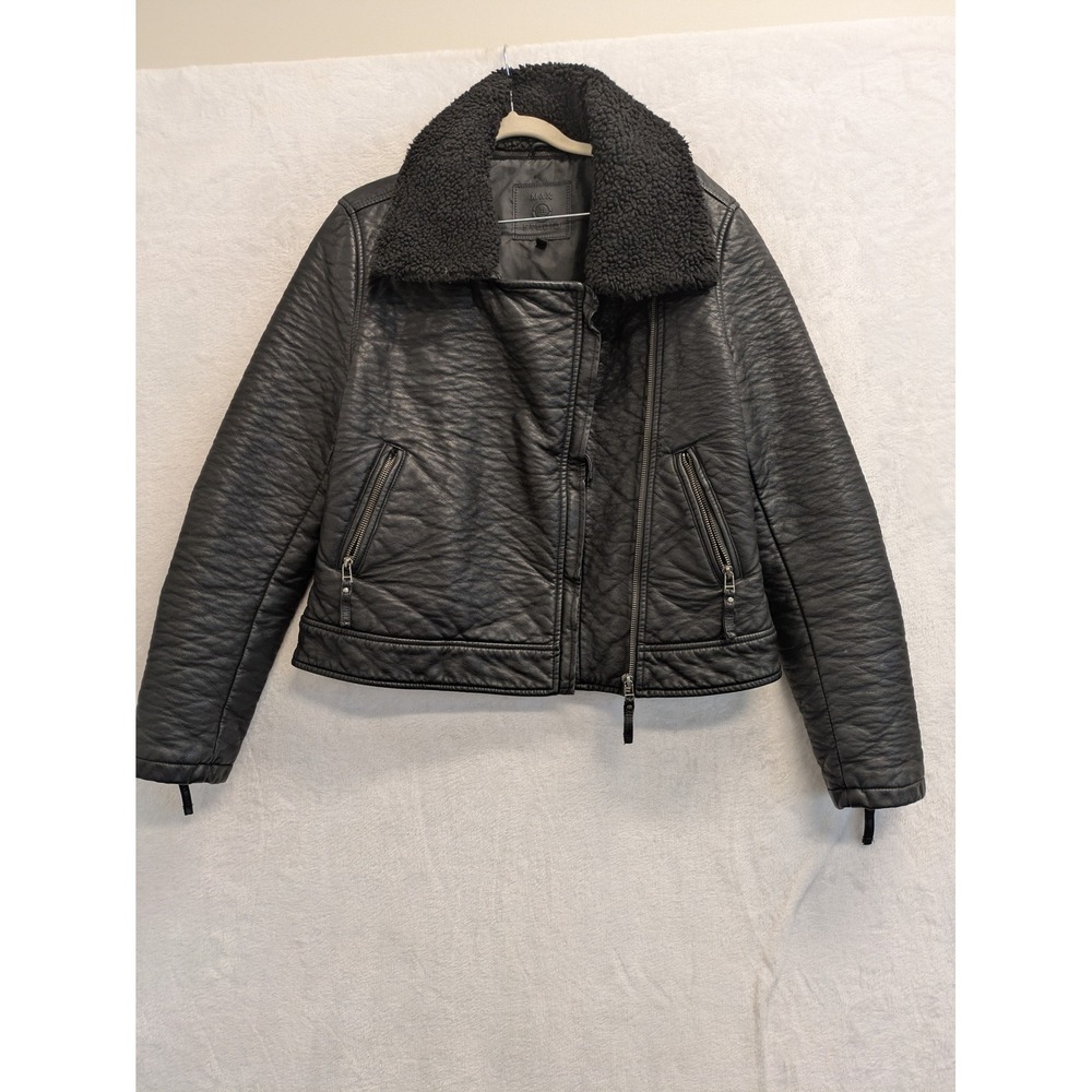 Max Studio Black Faux Leather Moto Jacket with‎ Sherpa Collar Women's Size M